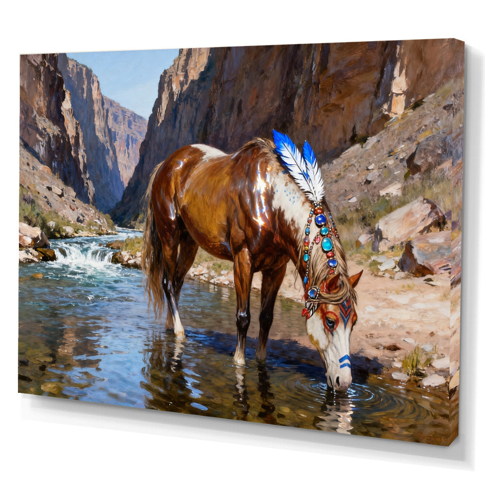 Canyon Water horse wall art, angled canvas mockup on a white background.