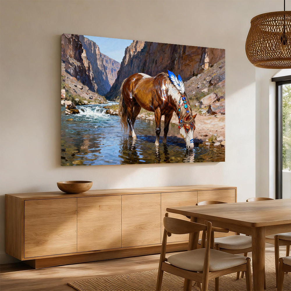Canyon Water horse wall art, displayed above a wooden sideboard.