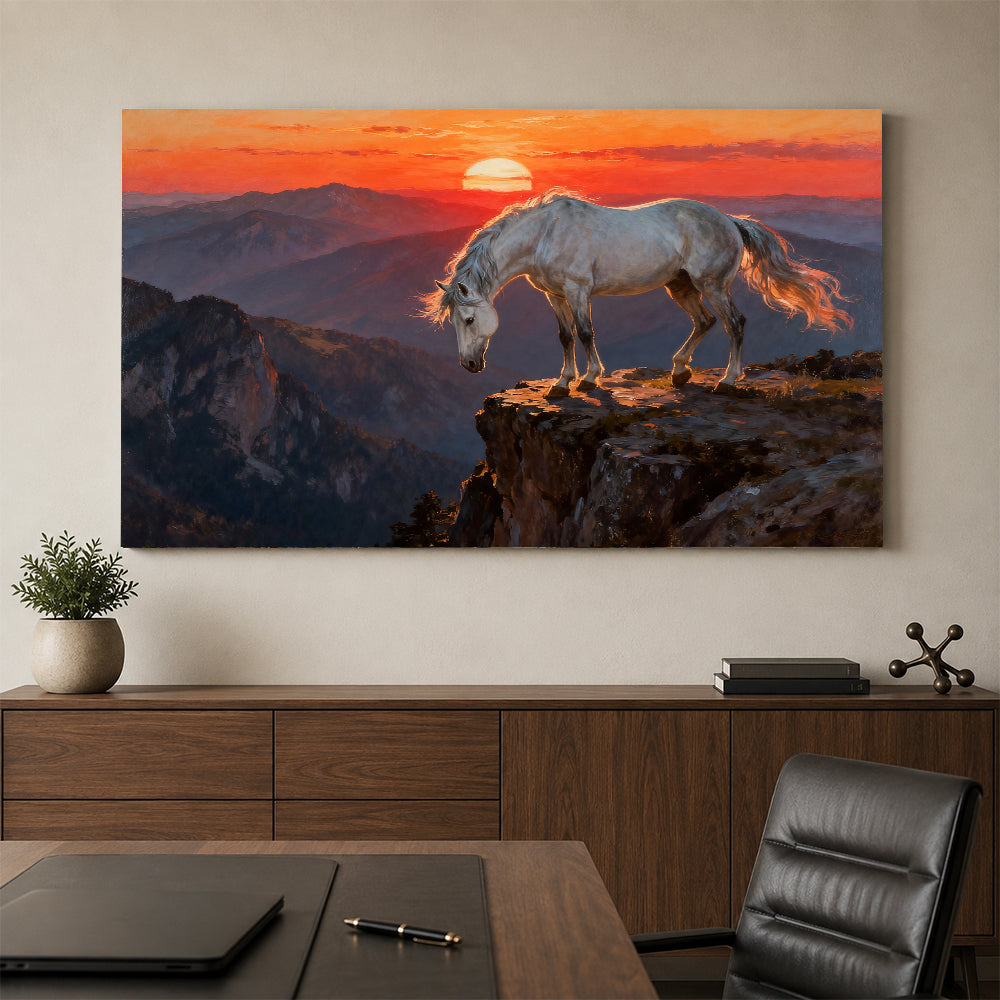 White Horse at Sunset horse wall art, styled above a console with a chair.