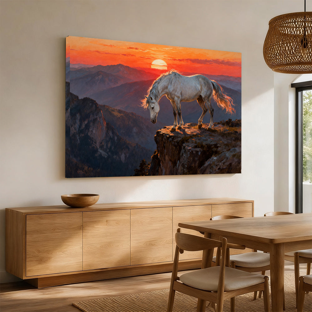 White Horse at Sunset horse wall art, displayed above a wooden sideboard.