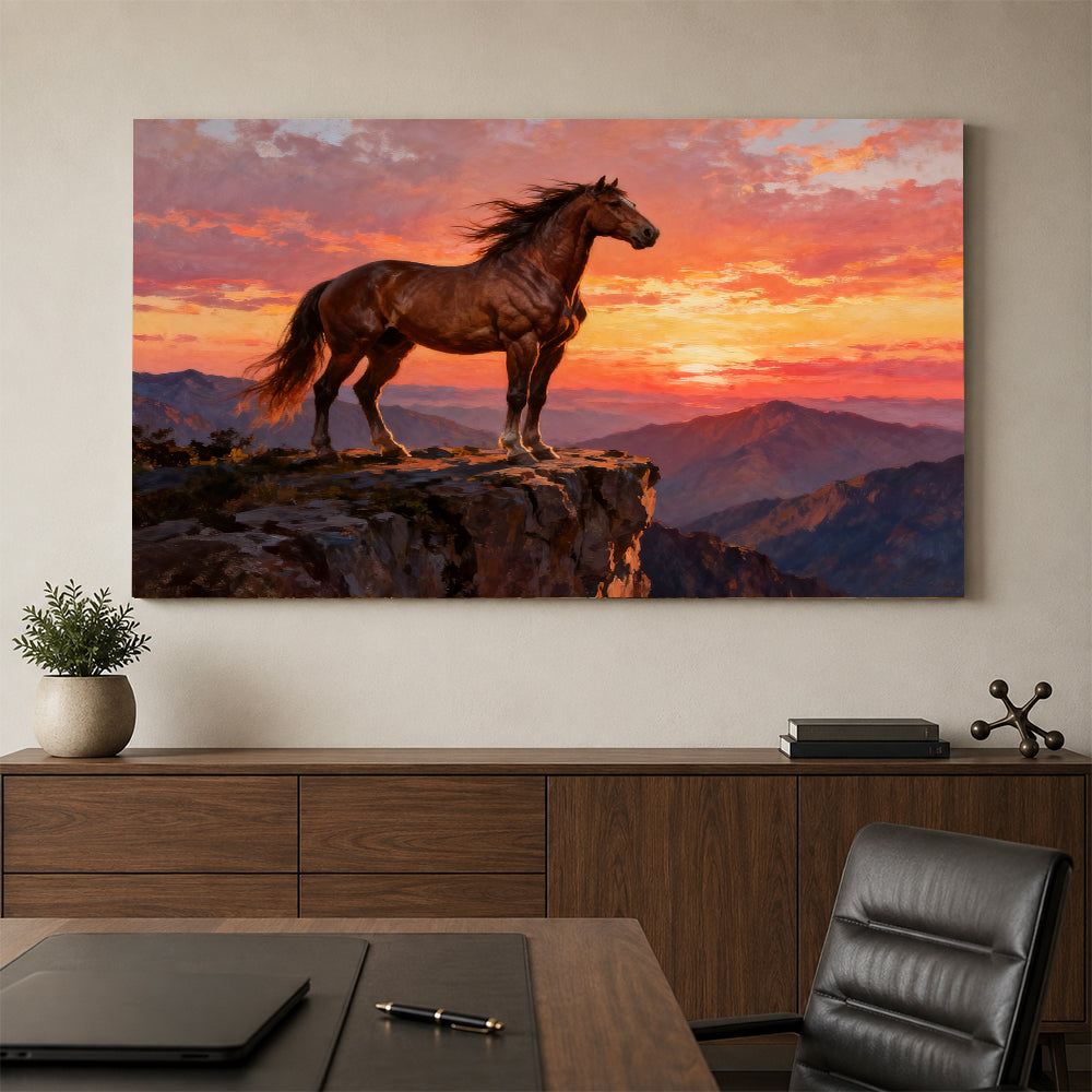 Last Light on the Ridge horse wall art, styled above a console with a chair.