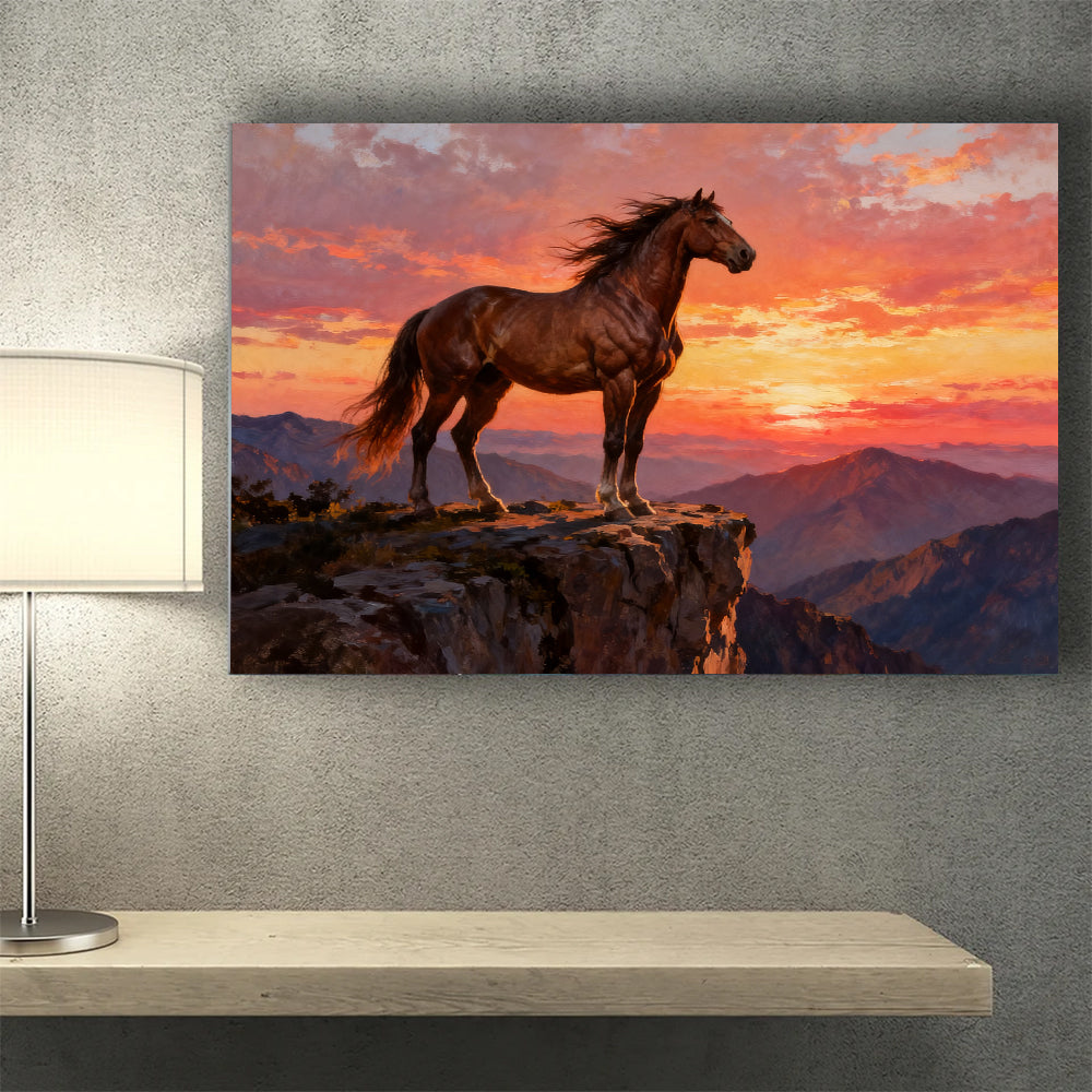 Last Light on the Ridge horse wall art, styled above a desk.