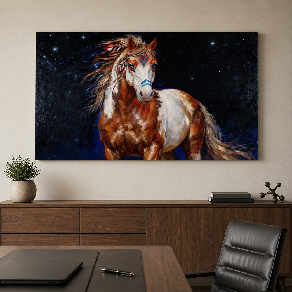 Starlit Companion horse wall art, styled above a console with a chair.