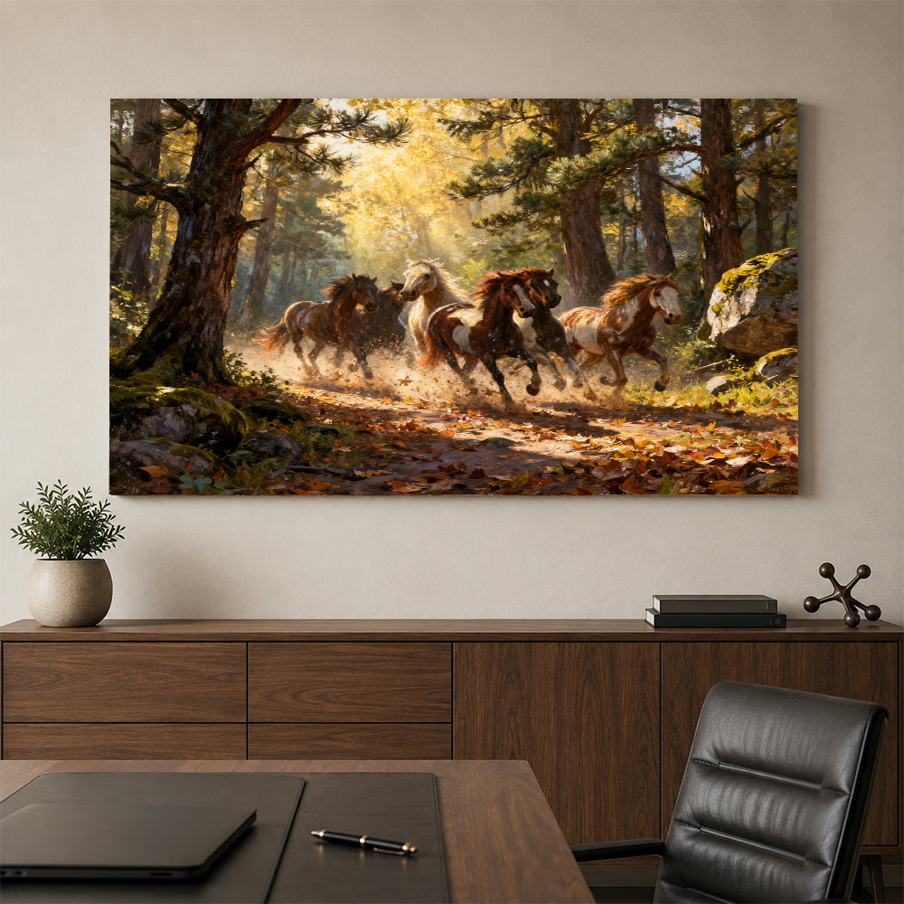 Through the Golden Woods horse wall art, styled above a console with a chair.