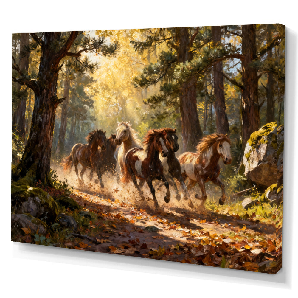 Through the Golden Woods horse wall art, angled canvas mockup on a white background.