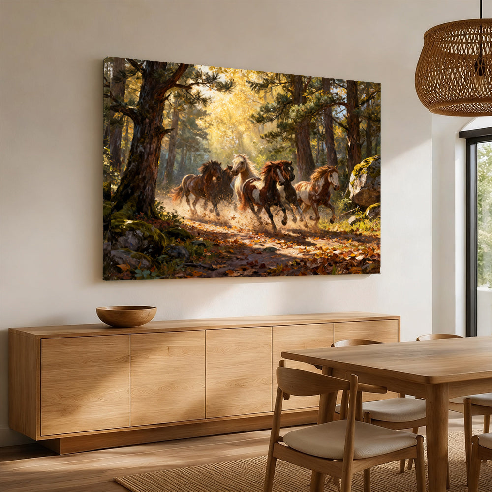 Through the Golden Woods horse wall art, displayed above a wooden sideboard.