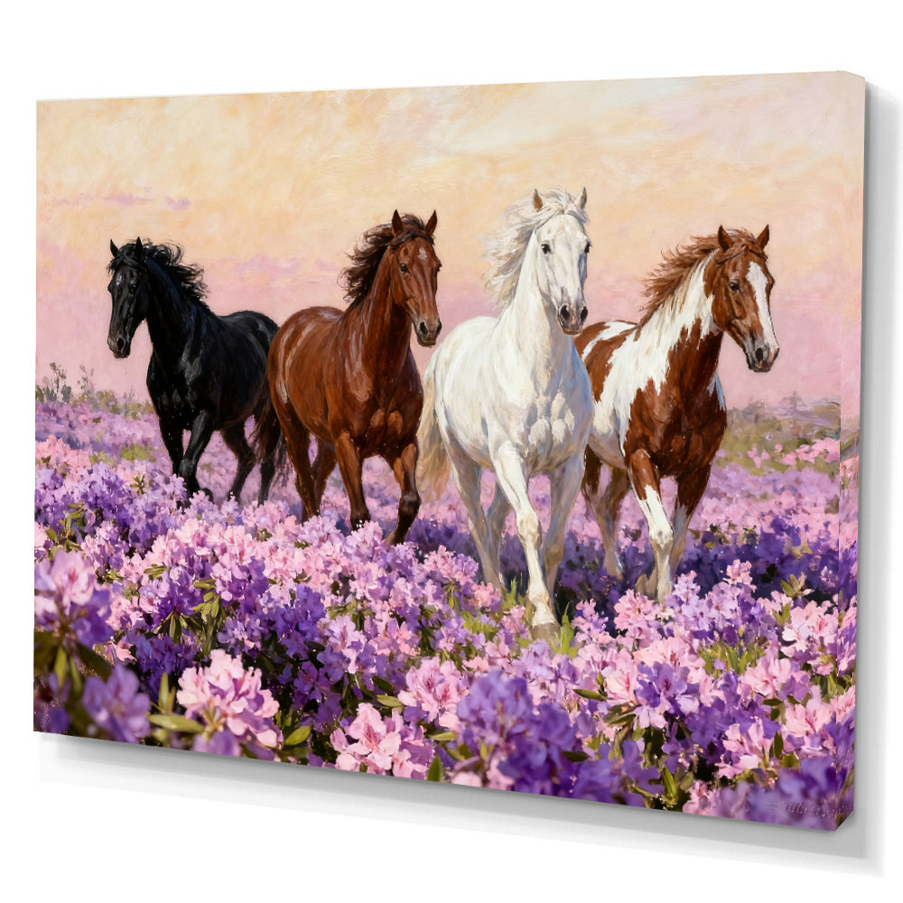 Wildflower Gathering horse wall art, angled canvas mockup on a white background.