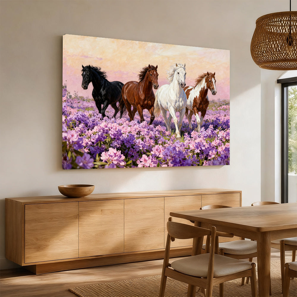 Wildflower Gathering horse wall art, displayed above a wooden sideboard.