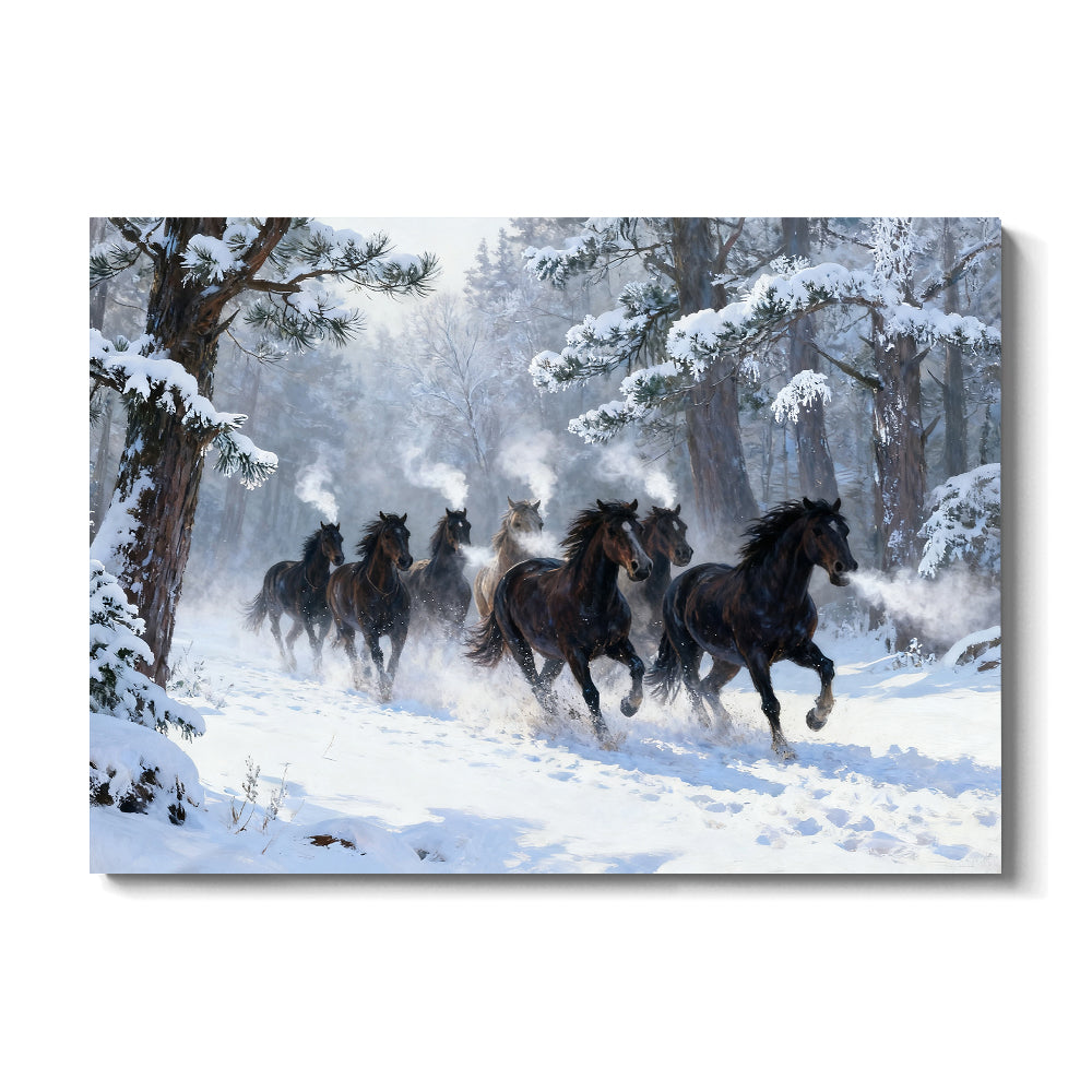 Winter Forest Herd horse wall art, front view on a white background.