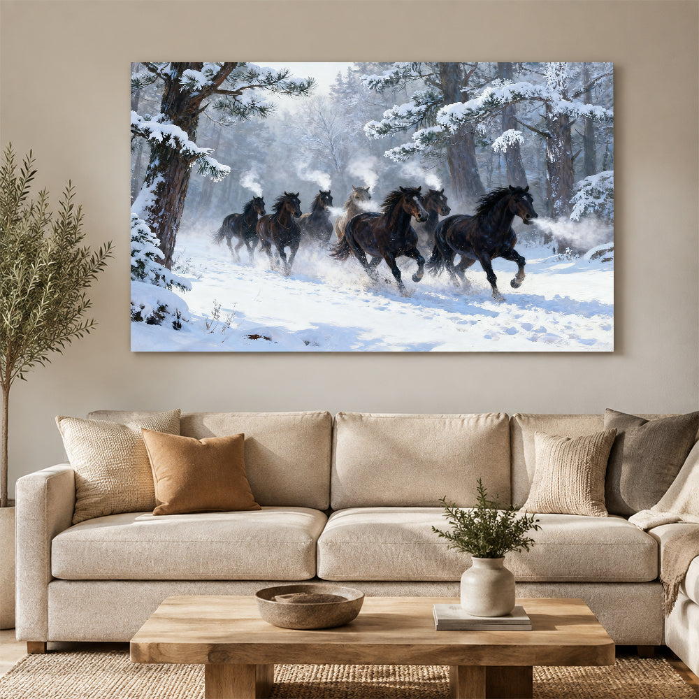 Winter Forest Herd horse wall art, displayed above a neutral sofa.