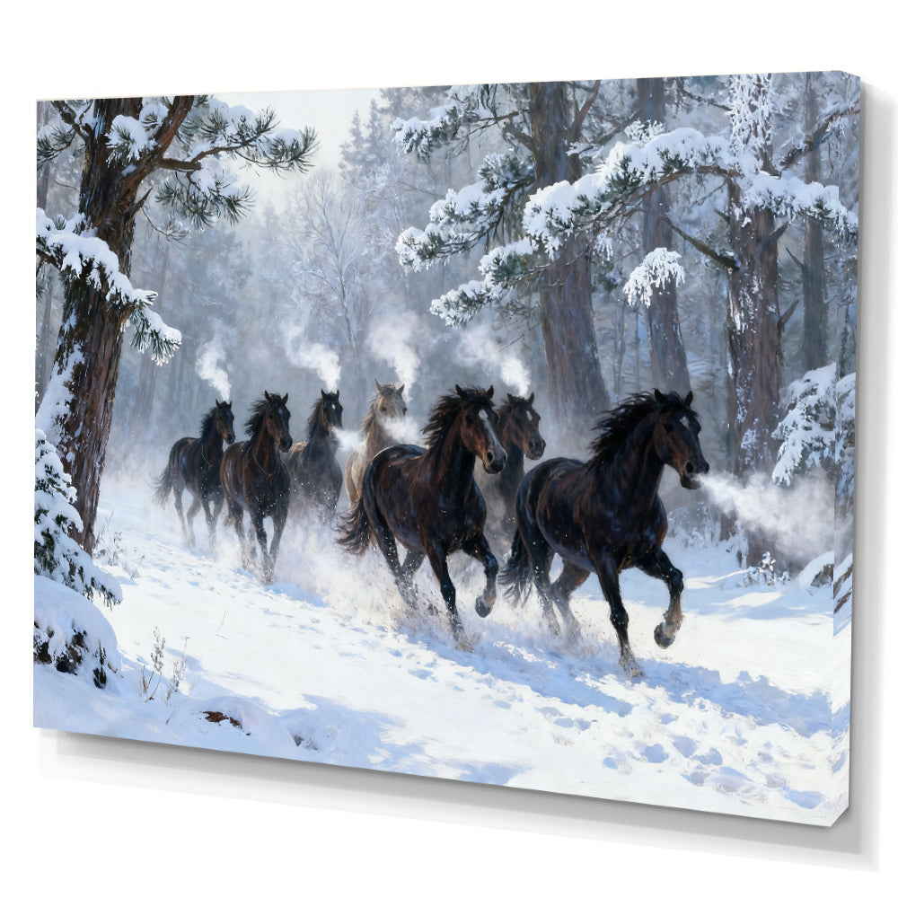 Winter Forest Herd horse wall art, angled canvas mockup on a white background.