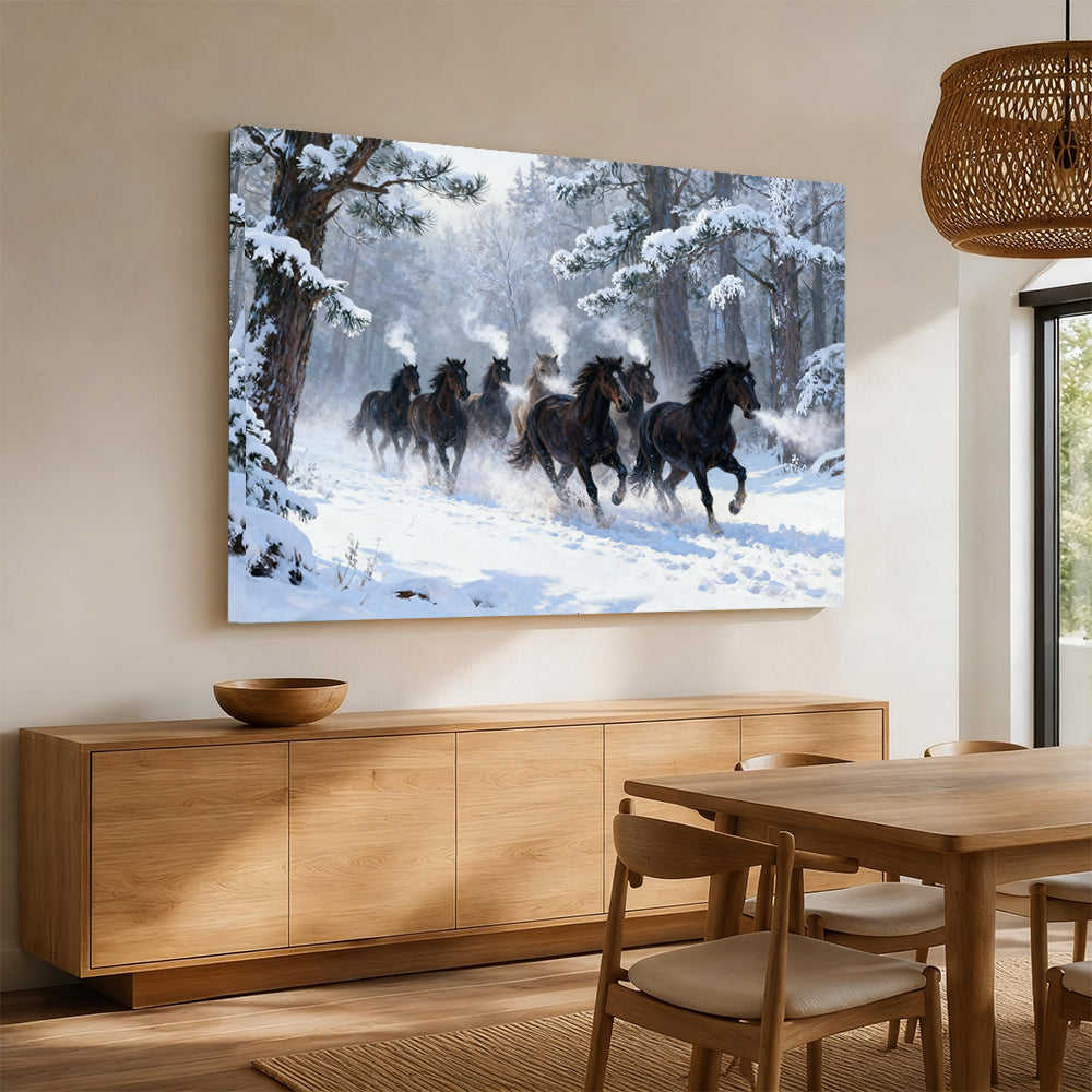 Winter Forest Herd horse wall art, displayed above a wooden sideboard.