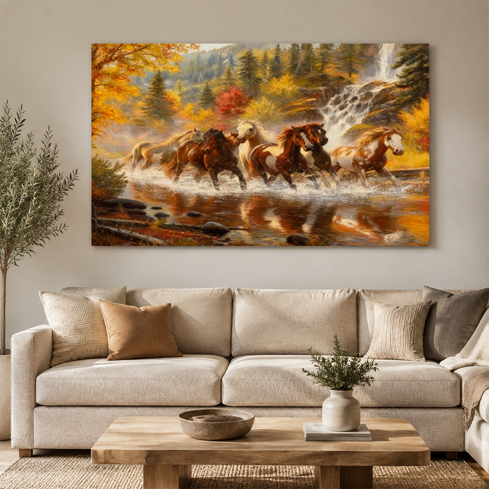 Autumn River Crossing horse wall art, displayed above a neutral sofa.