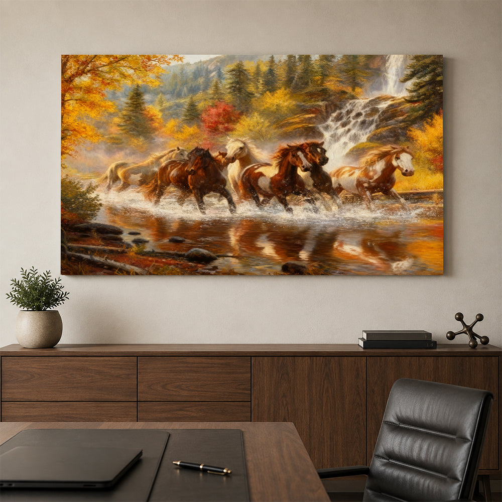 Autumn River Crossing horse wall art, styled above a console with a chair.