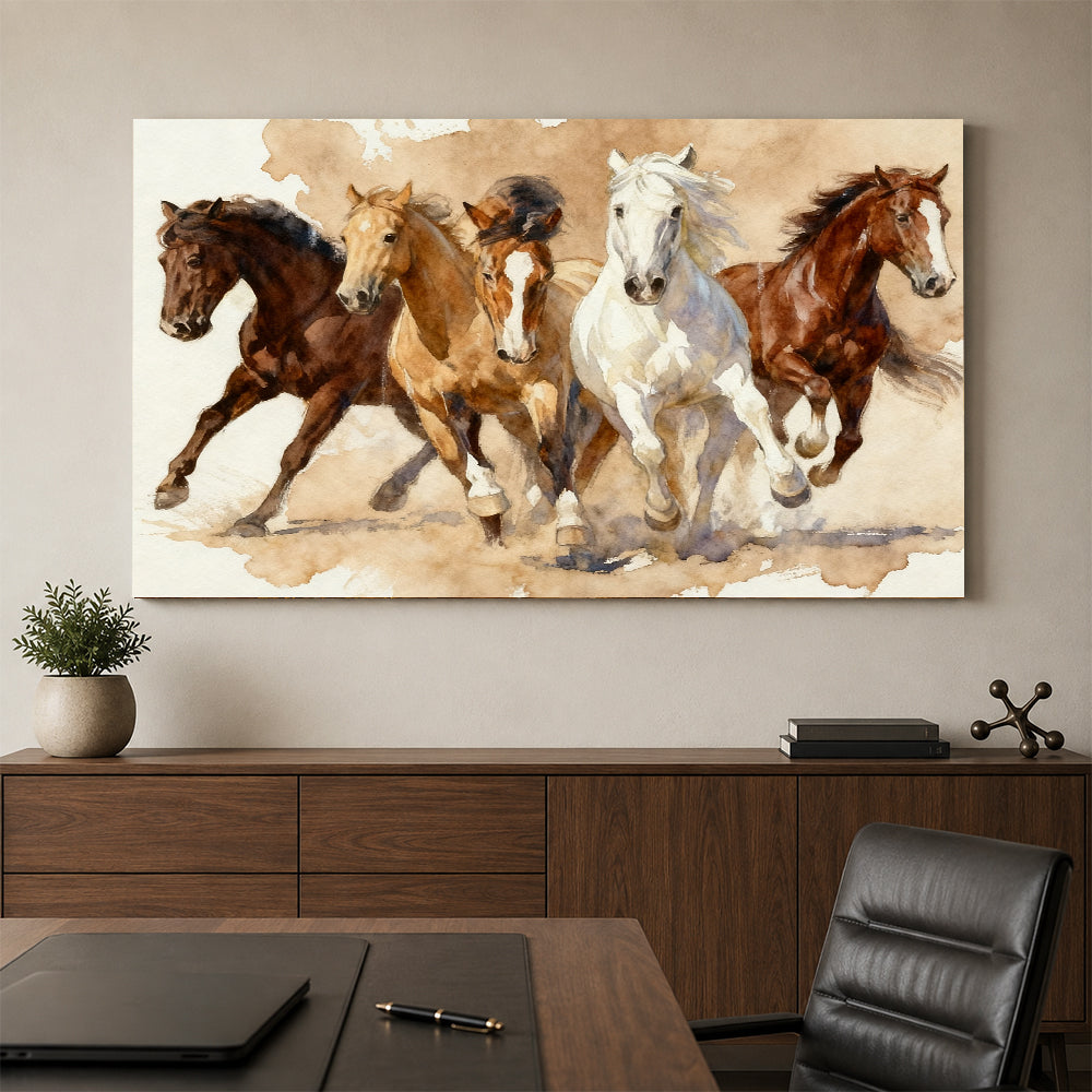 Four in Harmony horse wall art, styled above a console with a chair.
