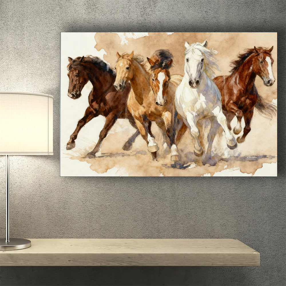 Four in Harmony horse wall art, styled above a desk.