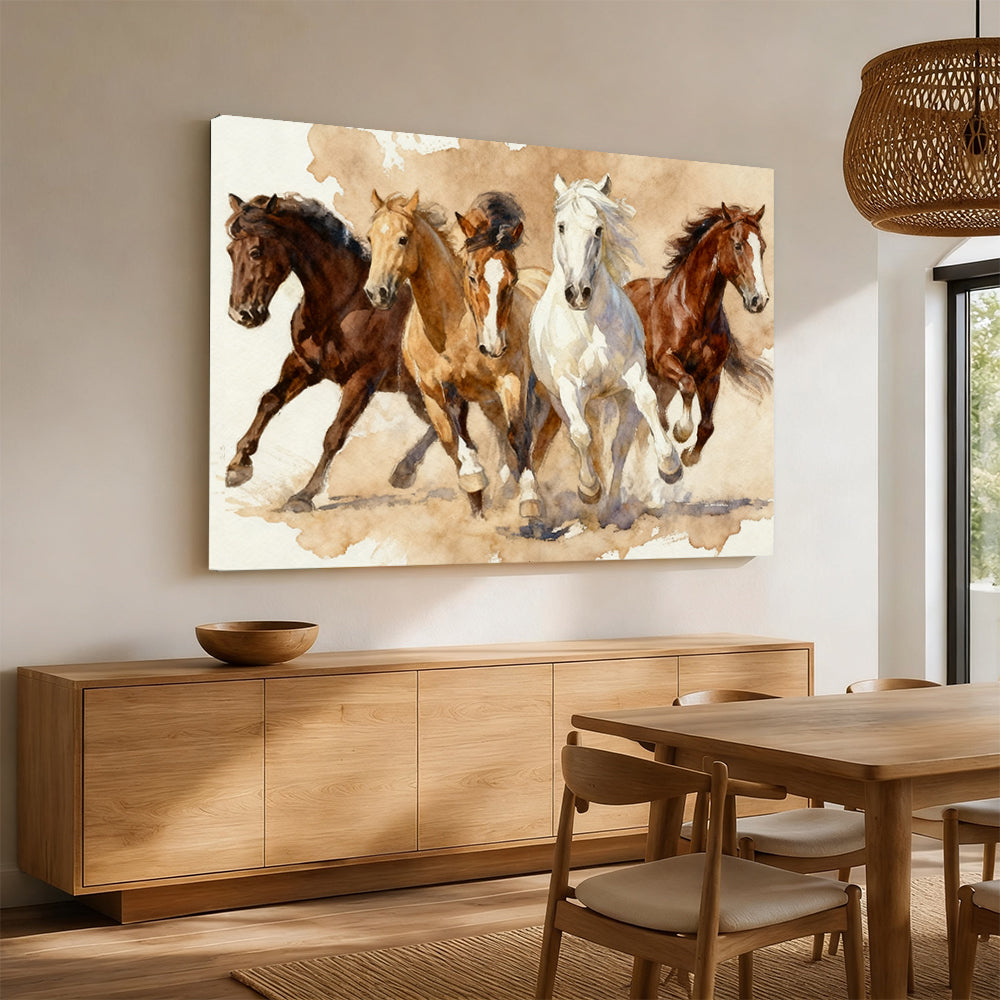 Four in Harmony horse wall art, displayed above a wooden sideboard.