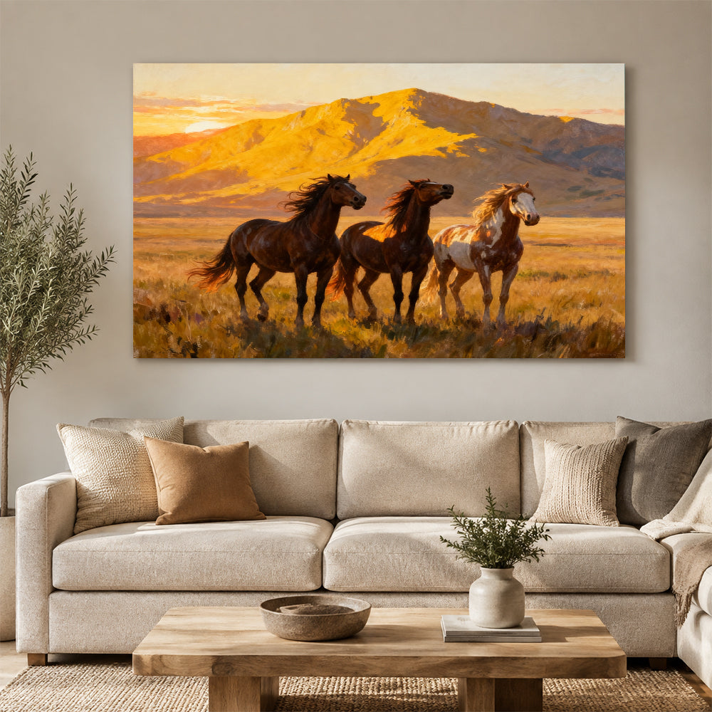 Golden Plains horse wall art, displayed above a neutral sofa.