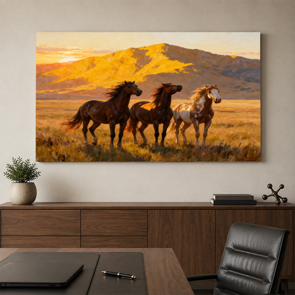 Golden Plains horse wall art, styled above a console with a chair.