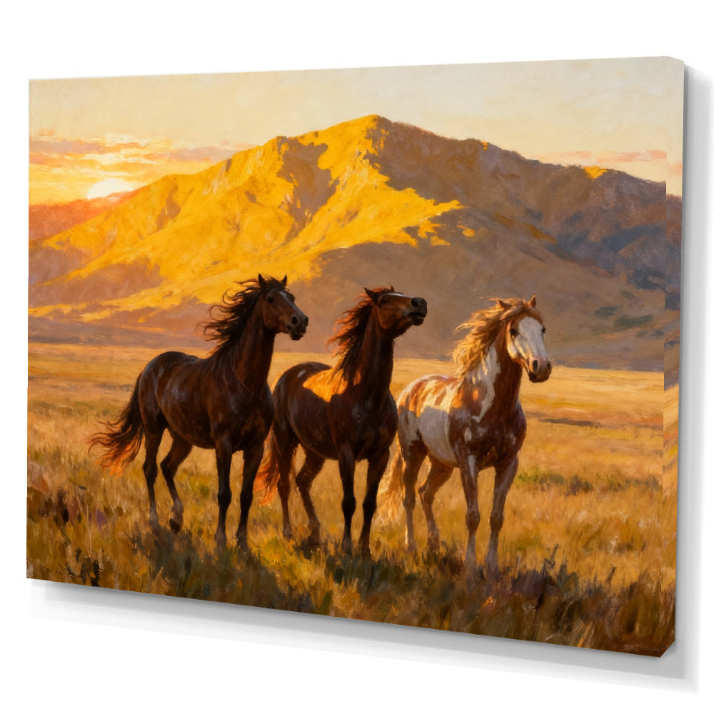 Golden Plains horse wall art, angled canvas mockup on a white background.