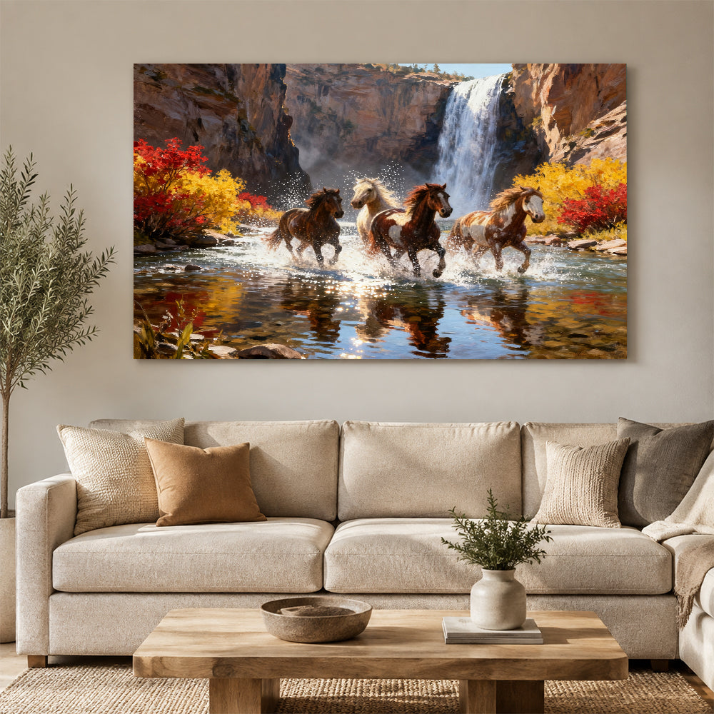 Waterfall Run horse wall art, displayed above a neutral sofa.