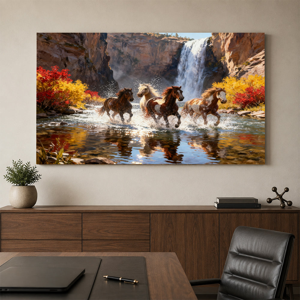 Waterfall Run horse wall art, styled above a console with a chair.