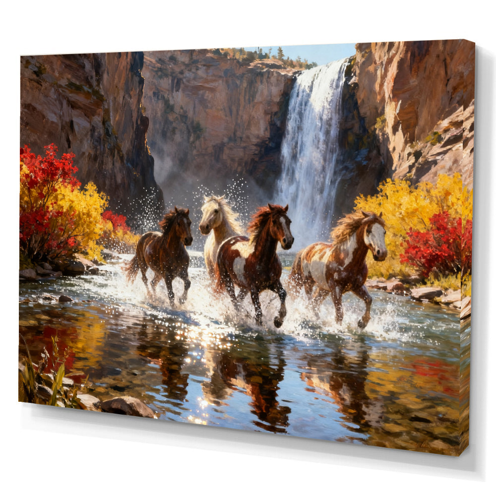 Waterfall Run horse wall art, angled canvas mockup on a white background.
