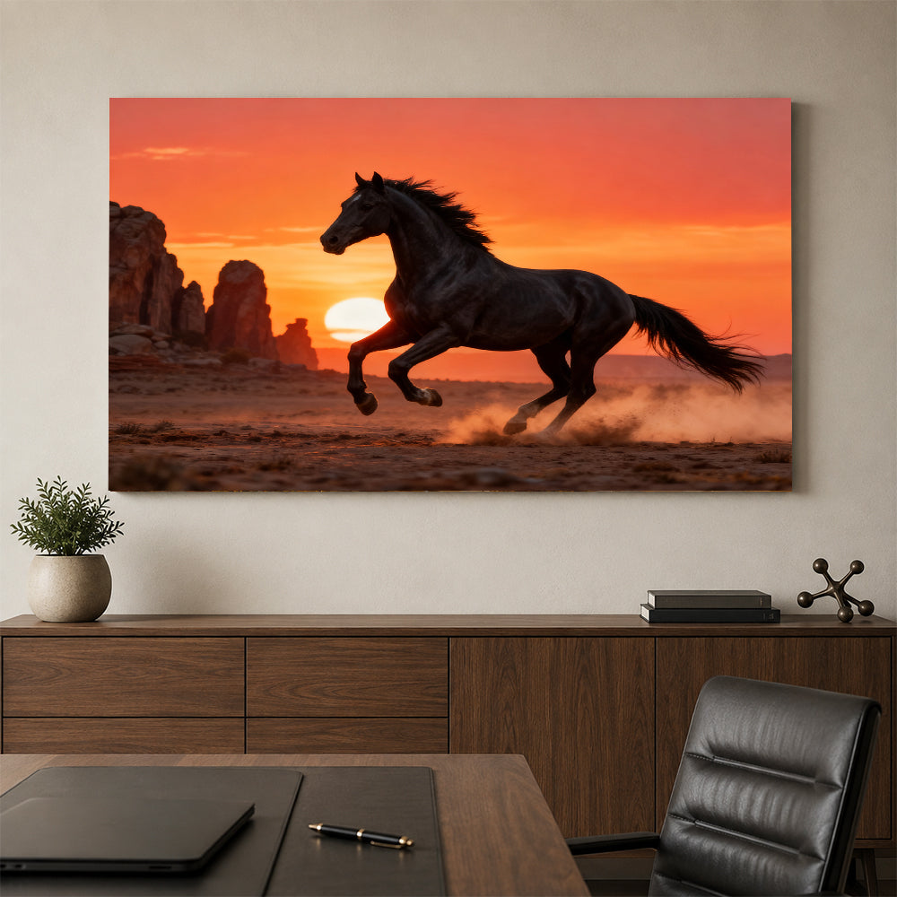 Desert Sundown horse wall art, styled above a console with a chair.