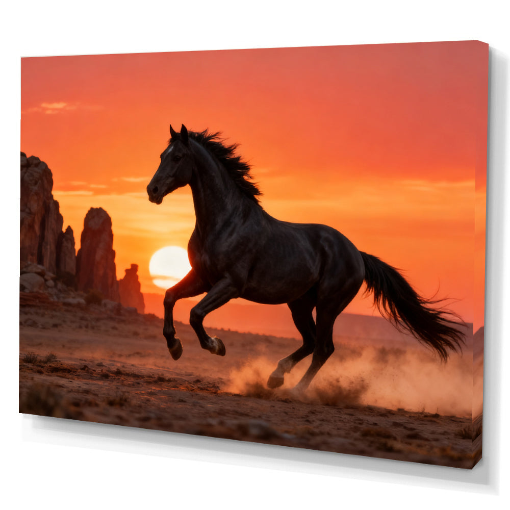 Desert Sundown horse wall art, angled canvas mockup on a white background.