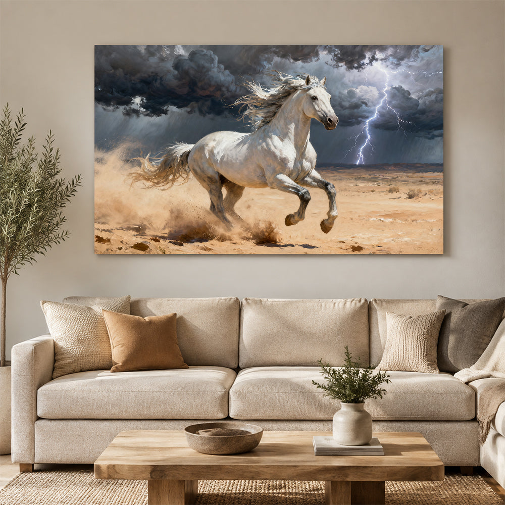 White Horse in the Storm horse wall art, displayed above a neutral sofa.