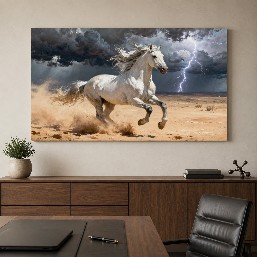 White Horse in the Storm horse wall art, styled above a console with a chair.