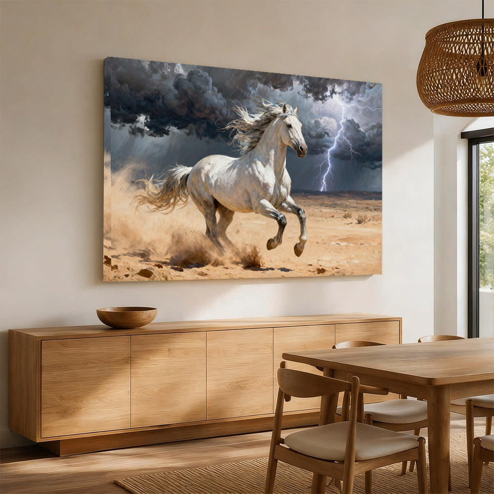 White Horse in the Storm horse wall art, displayed above a wooden sideboard.
