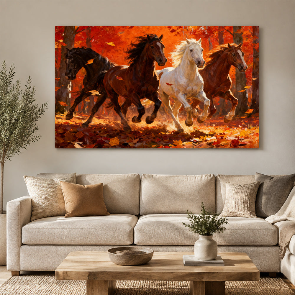 Autumn Blaze Herd horse wall art, displayed above a neutral sofa.