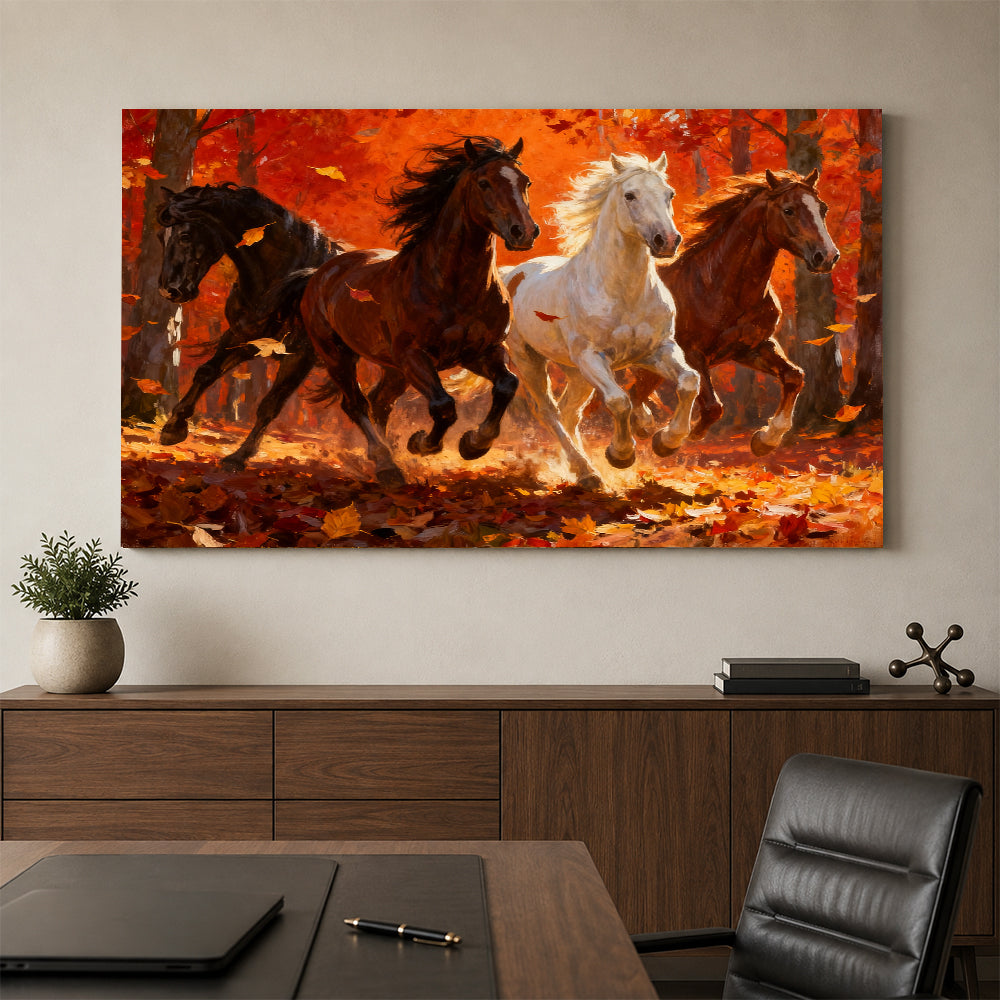 Autumn Blaze Herd horse wall art, styled above a console with a chair.