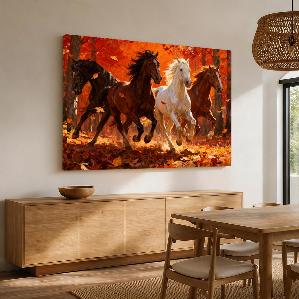 Autumn Blaze Herd horse wall art, displayed above a wooden sideboard.