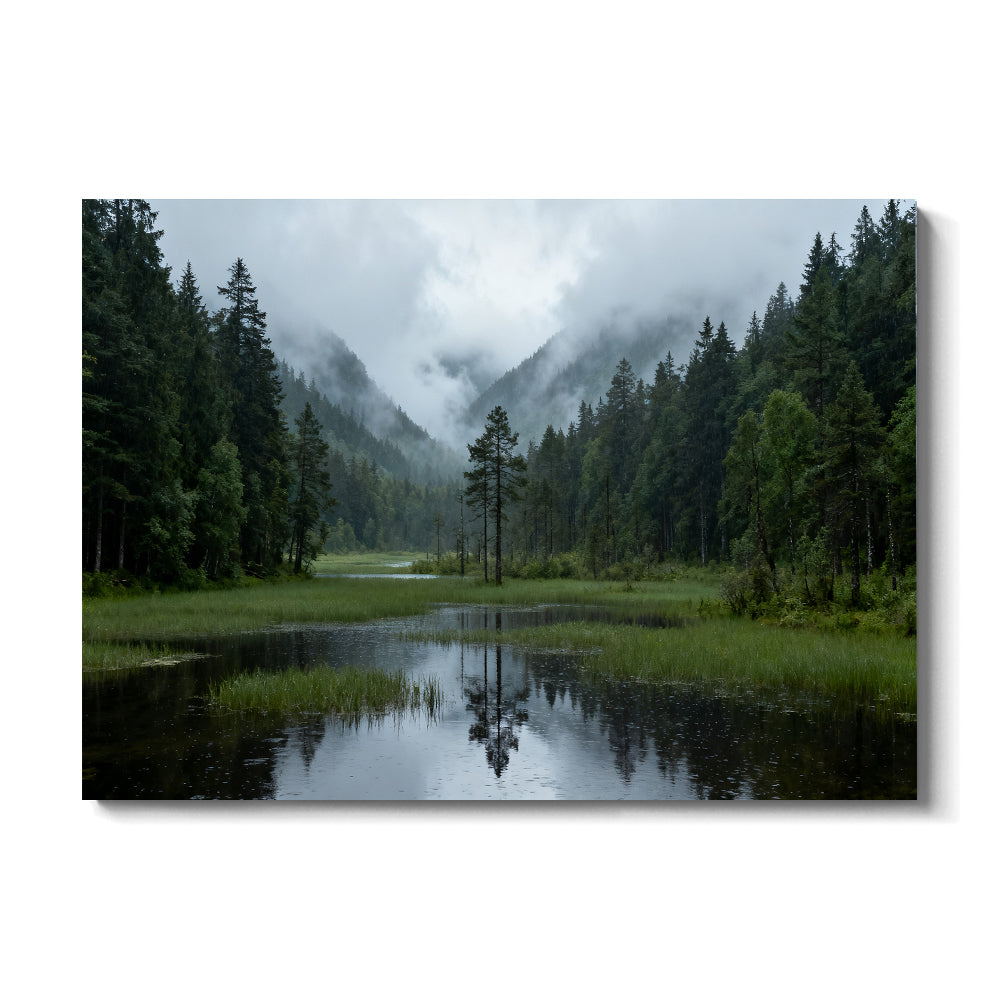 Misty Forest Lake canvas wall art, front view on a white background.