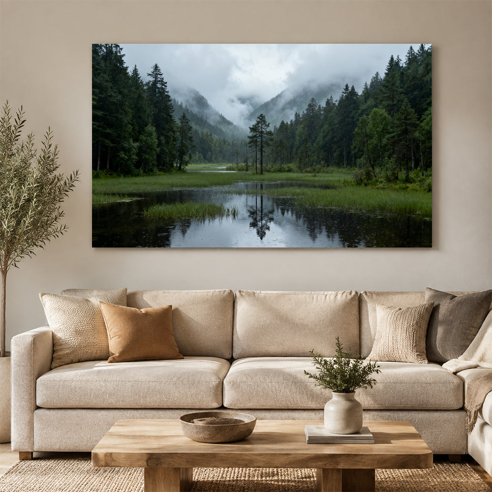 Misty Forest Lake canvas wall art, living room mockup above a sofa.