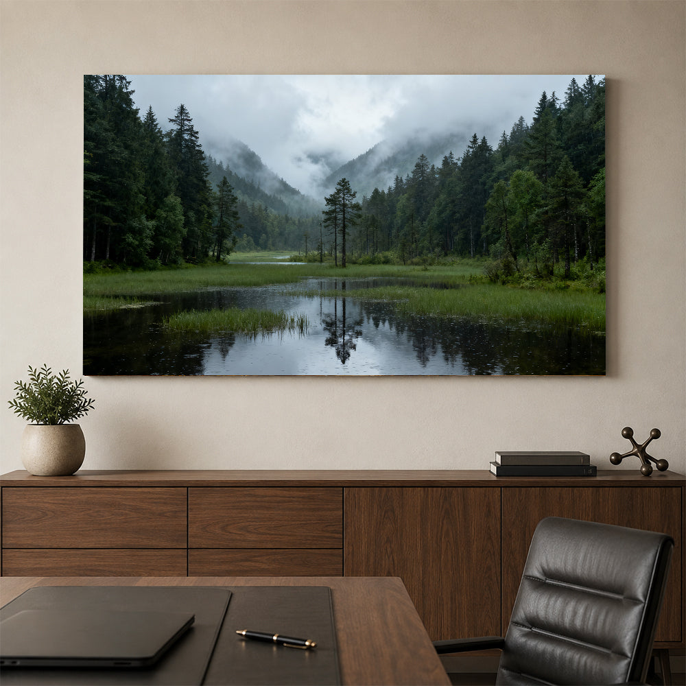 Misty Forest Lake canvas wall art, office mockup above a desk.