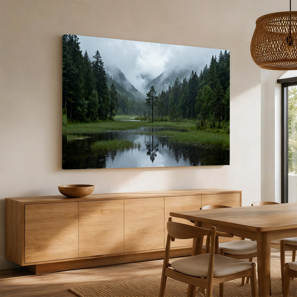 Misty Forest Lake canvas wall art, angled mockup above a sideboard.