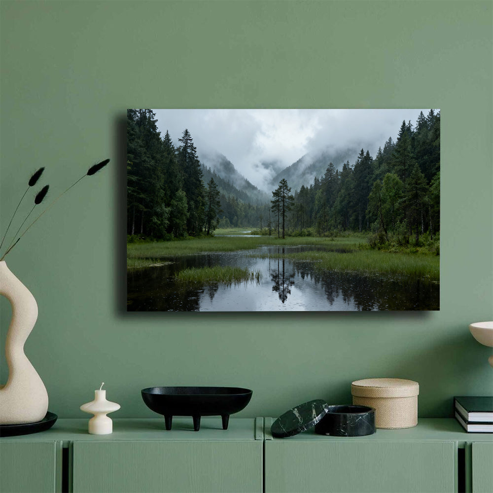 Misty Forest Lake canvas wall art, mockup on a green wall.