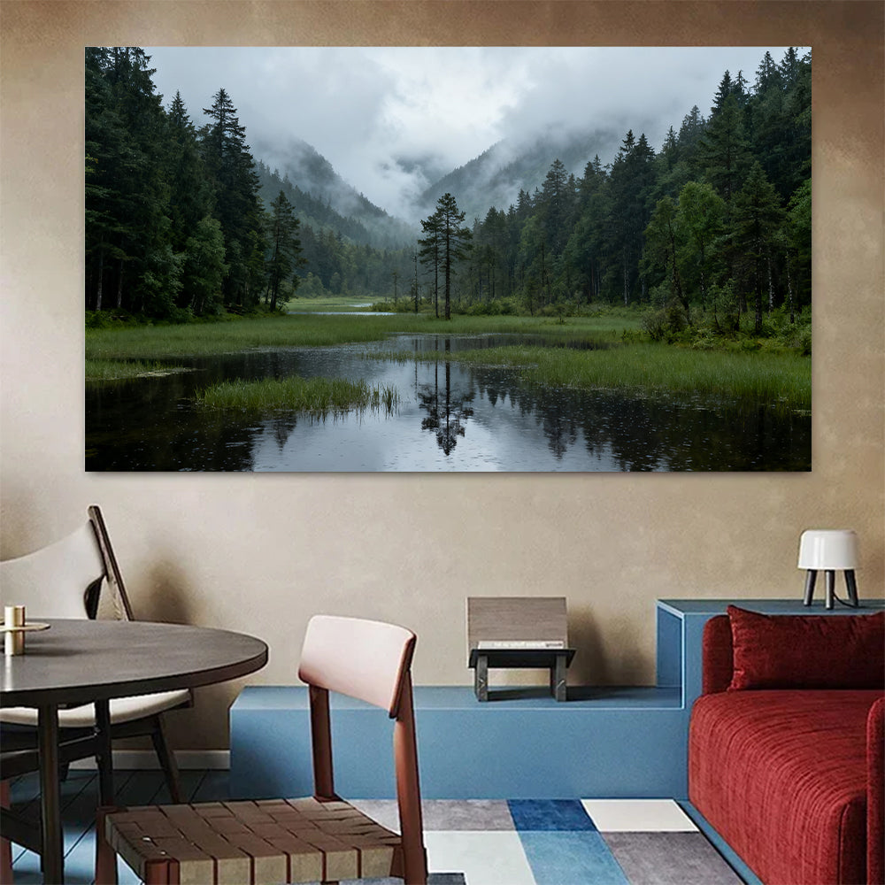 Misty Forest Lake canvas wall art, colorful room mockup.