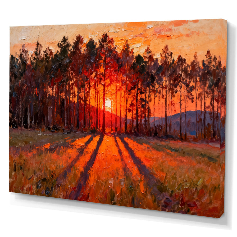 Ember Pine Sunset canvas wall art, angled canvas mockup on a white background.