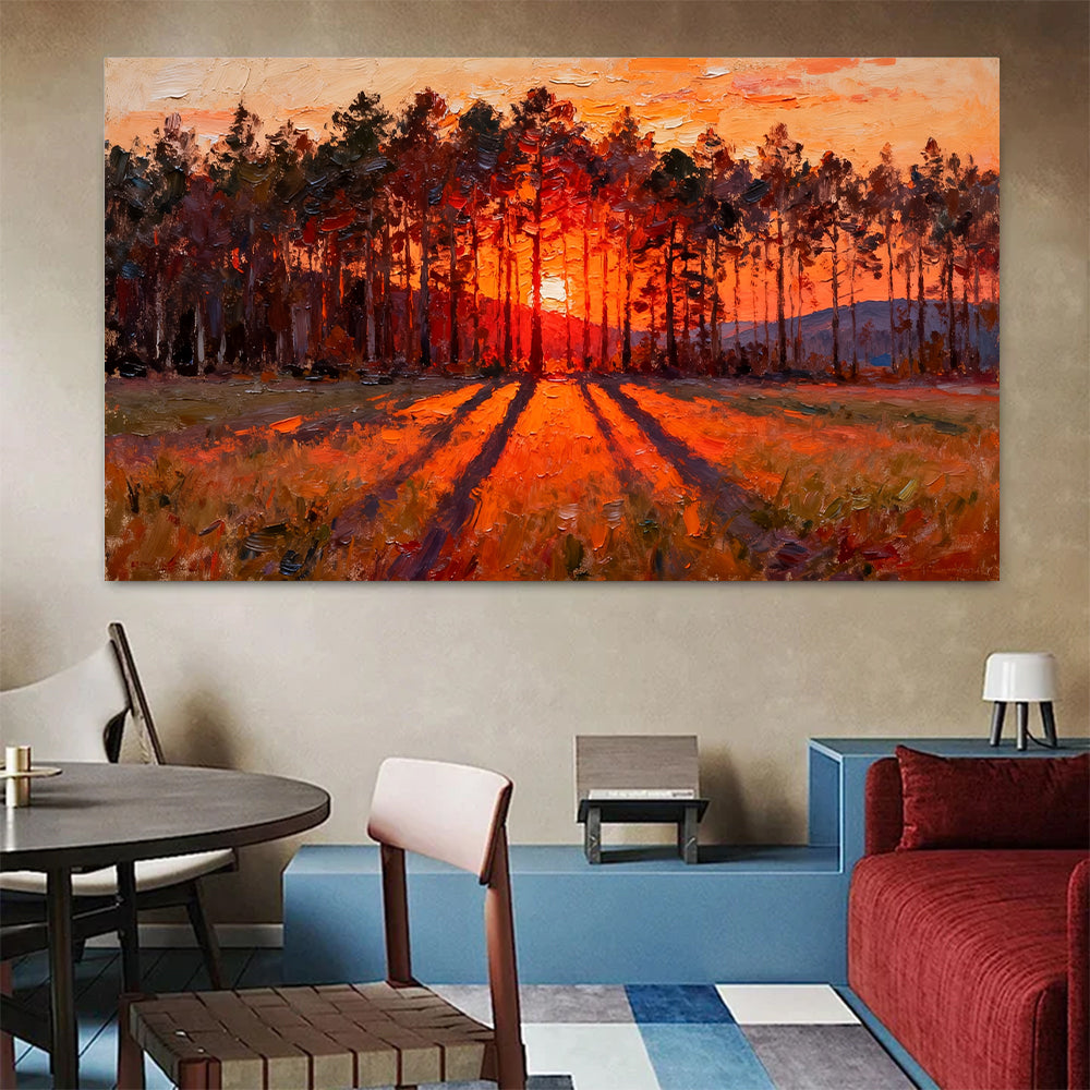 Ember Pine Sunset canvas wall art, colorful room mockup.