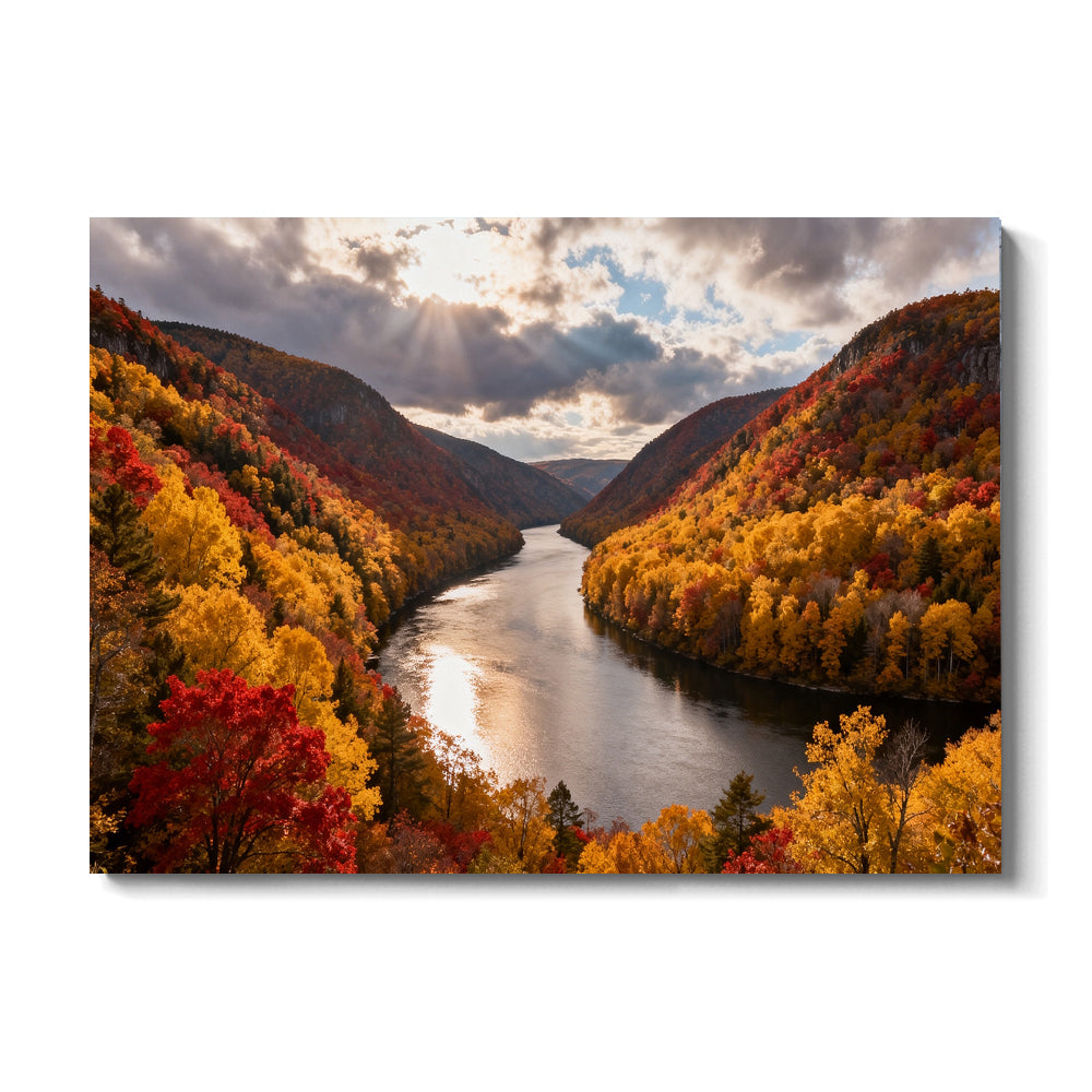 Autumn River Bend canvas wall art, front view on a white background.