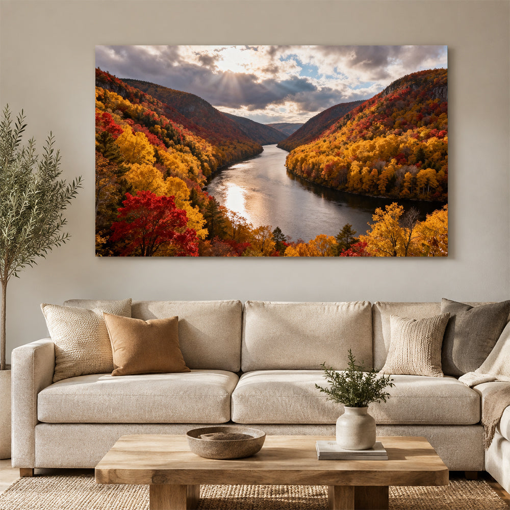 Autumn River Bend canvas wall art, living room mockup above a sofa.