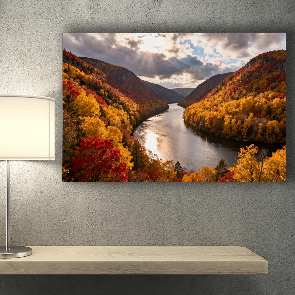 Autumn River Bend canvas wall art, wall mockup above a console.