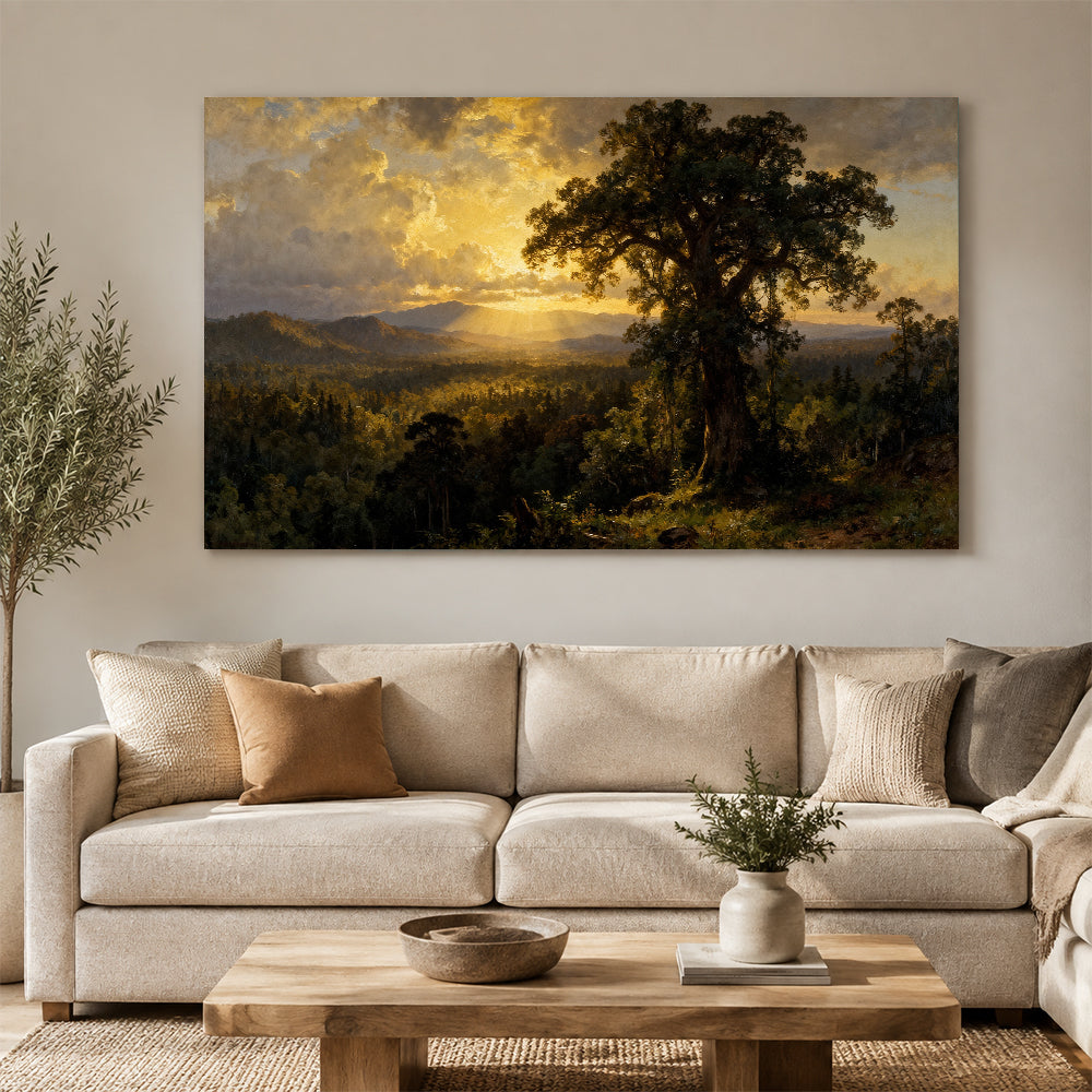 Golden Evening Oak canvas wall art, living room mockup above a sofa.