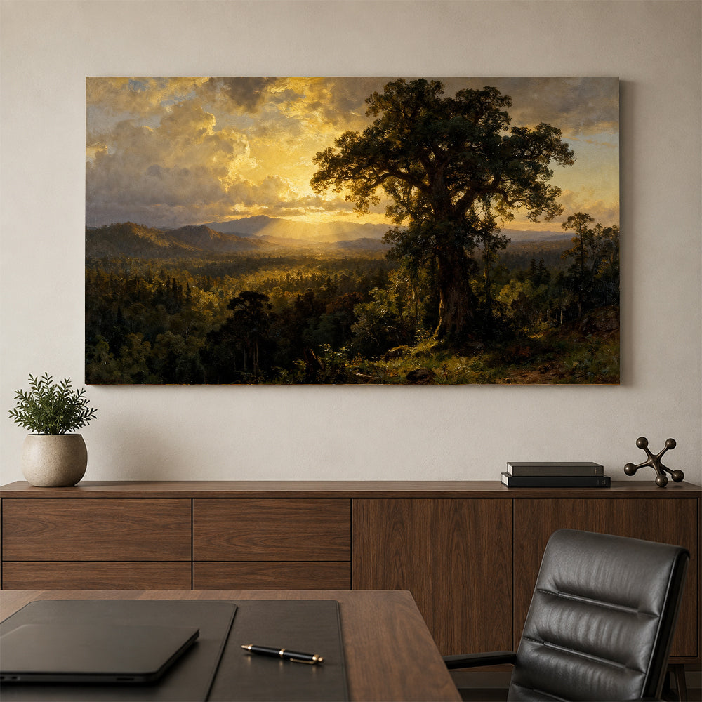 Golden Evening Oak canvas wall art, office mockup above a desk.