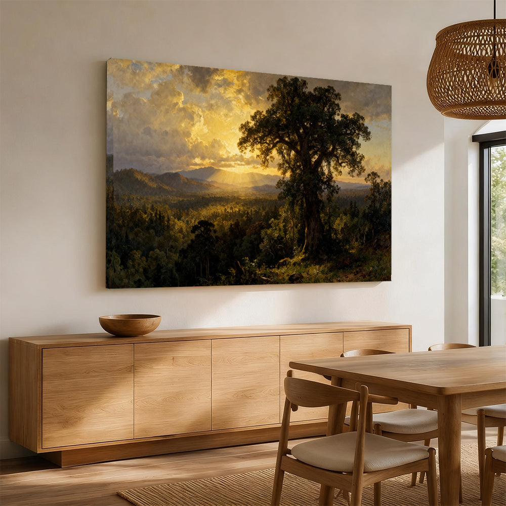 Golden Evening Oak canvas wall art, angled mockup above a sideboard.