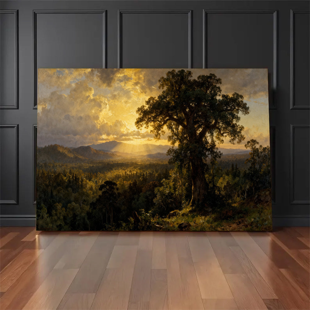 Golden Evening Oak canvas wall art, floor display against a dark wall.